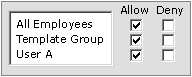 A box with the allow checkbox selected for all employees, template group, and user A.