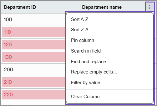 Icons for tools on the import service columns.