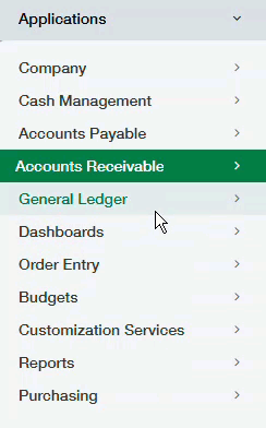 Application menu with Accounts Receivable highlighted.