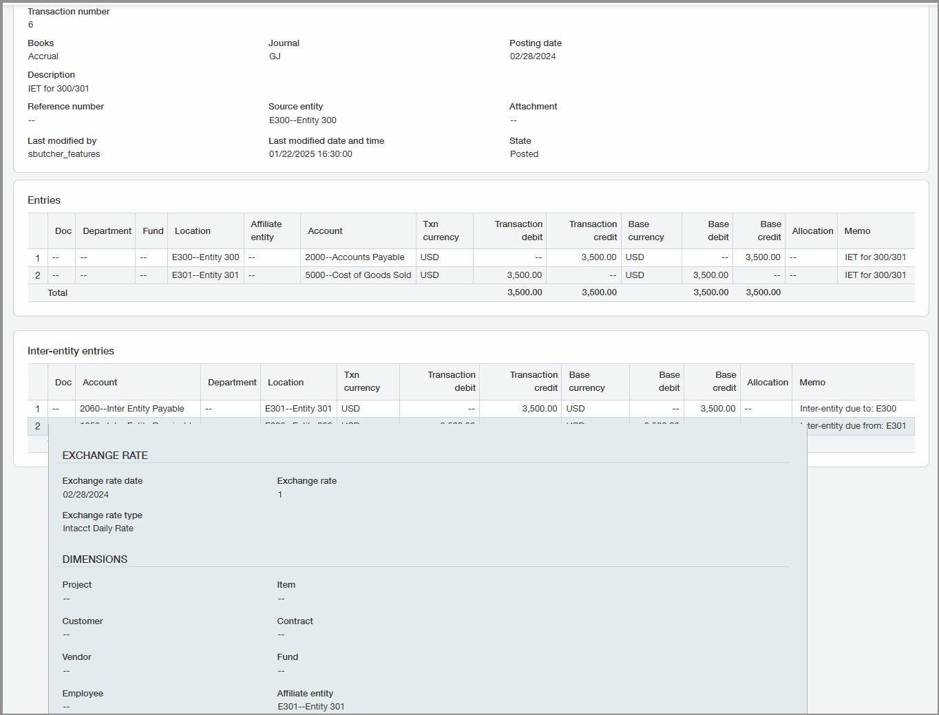 An example of an auto-tagged GL journal entry showing the affiliate entity value for the inter-entity entry.