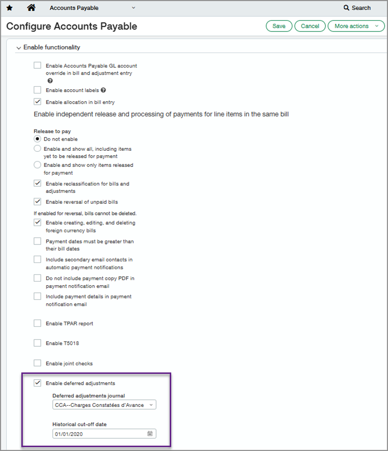 Screenshot of the Accounts Payable configuration page with a callout box around the deferred adjustments configuration fields.