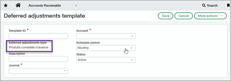 Screenshot of the Deferred adjustments template creation page with a callout box around the Deferred adjustments type for PCA.