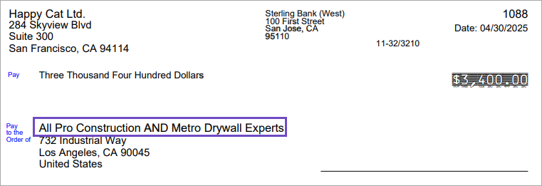 A check in the amount of 3400, to All Pro Construction AND Metro Drywall Experts