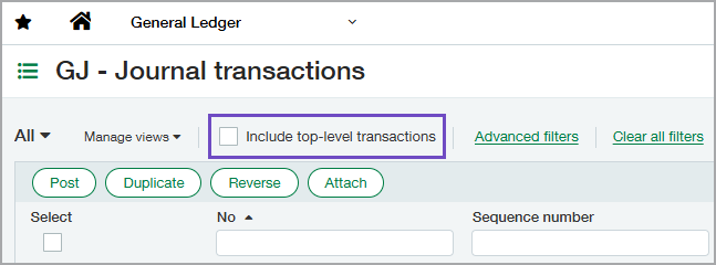 Journal transactions list with Include top-level transactions checkbox highlighted.