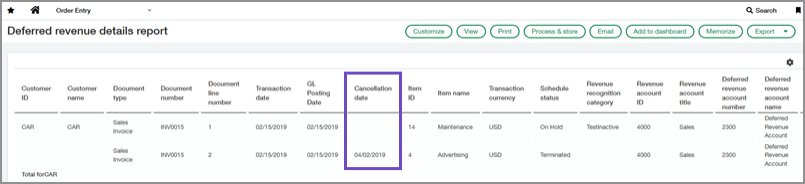 Deferred revenue details report showing the cancellation date column.