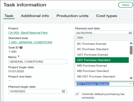 The Task information page with the Override default purchasing tax schedule checkbox selected and a different purchasing tax schedule selected.