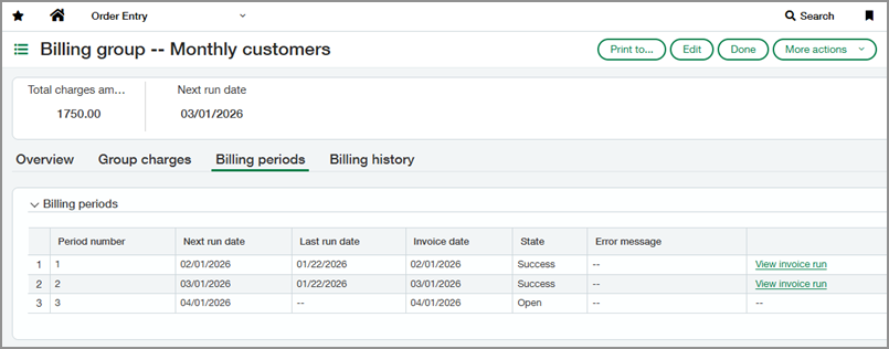 The billing periods tab of a billing group.