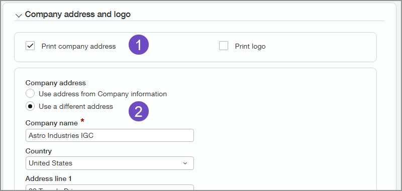 Company address and logo section, Use a different address selected