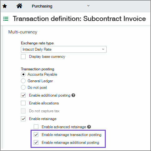 Transaction definition setup page with flexible retainage posting settings highlighted