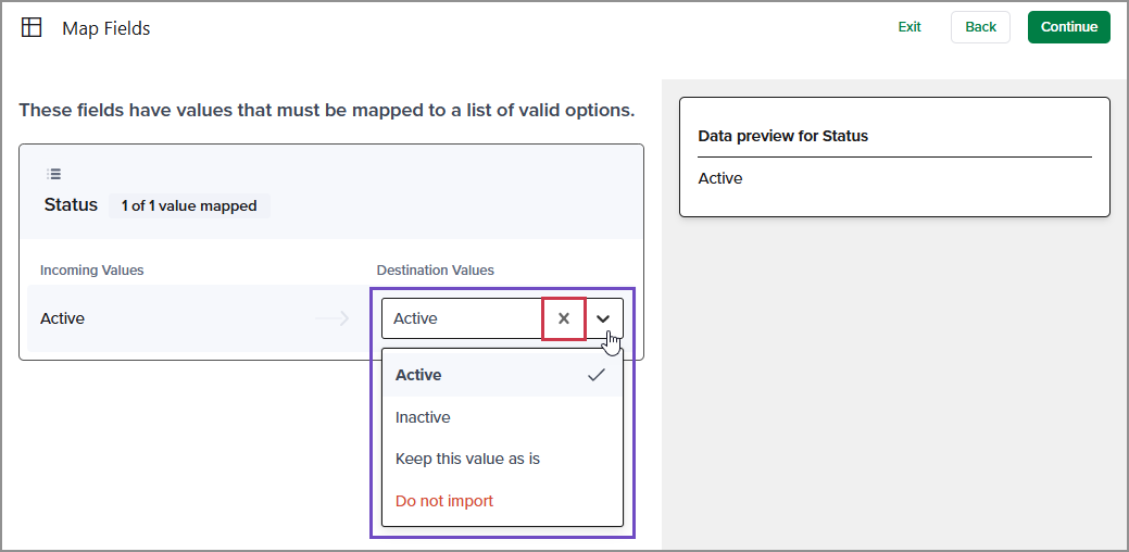 Field mapping 'do not import' option.