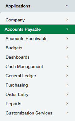 Application menu with Accounts Payable highlighted.