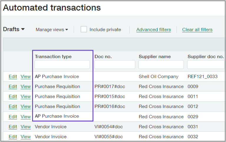 List of automated transactions that includes both AP purchase invoices and Purchasing transactions.