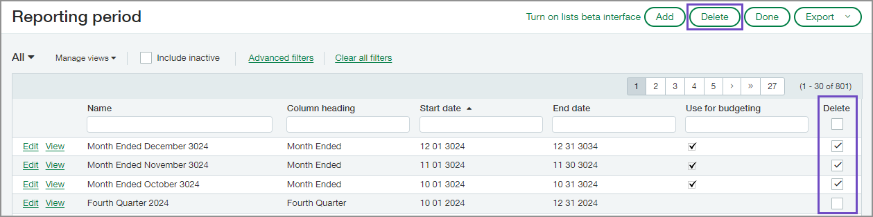 Reporting period page with the Delete checkbox selected for two reporting periods. 