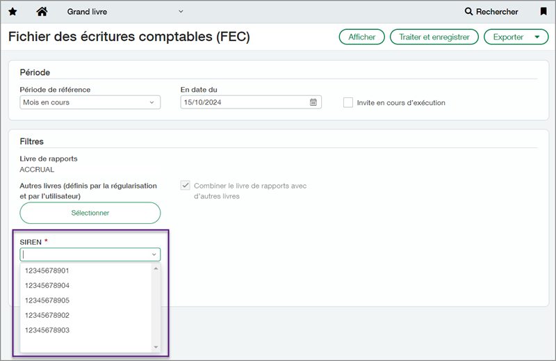 Screenshot of French language Accounting entries file page with callout box for SIREN selection