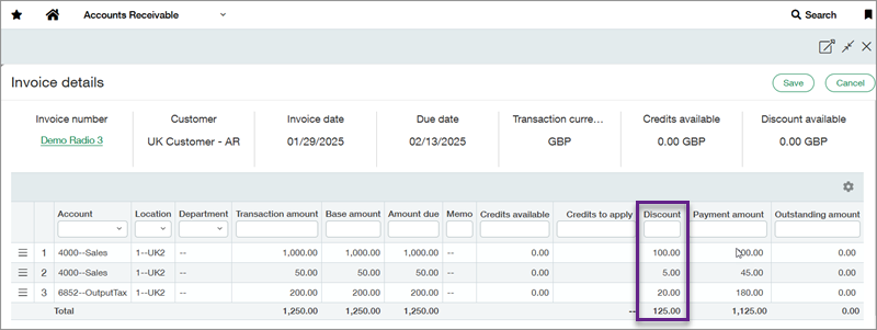 Screenshot of the invoice details page for an invoice total, including taxes and added charges term discount with a callout box around the discount section.