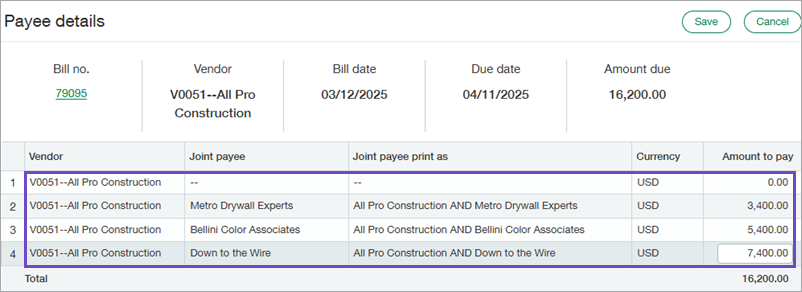 Payee details for a bill in the amount of 16200, with a line for each joint payee and a different amount to pay entered on each line