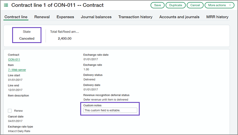 A canceled contract line with an editable custom field.