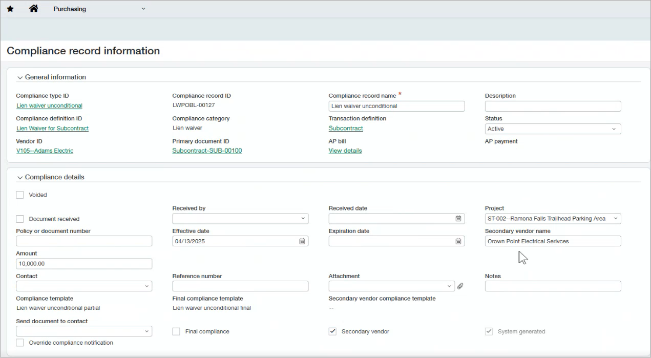 Compliance record information screen showing a populated Secondary vendor name field in the Compliance details section.