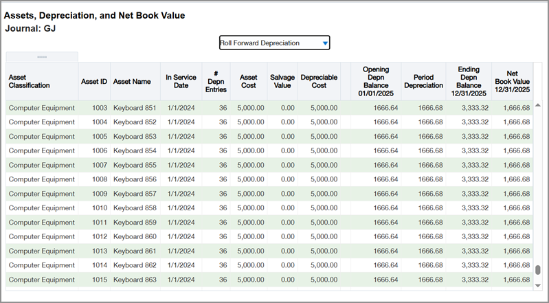 Roll forward depreciation report view.