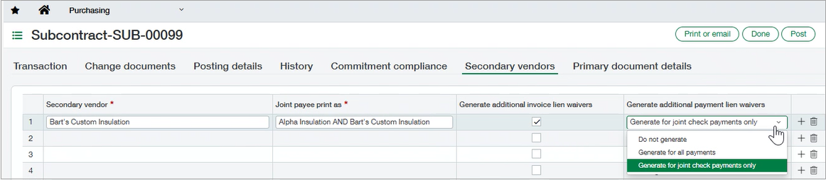 Secondary vendor tab on a purchasing subcontract showing Secondary vendor's name, joint payee's name, and Generate additional invoice lien waivers checkbox selected. Generate additional payment lien waivers is selected, showing options Generate for joint check payments only, Do not generate, and Generate for all payments.