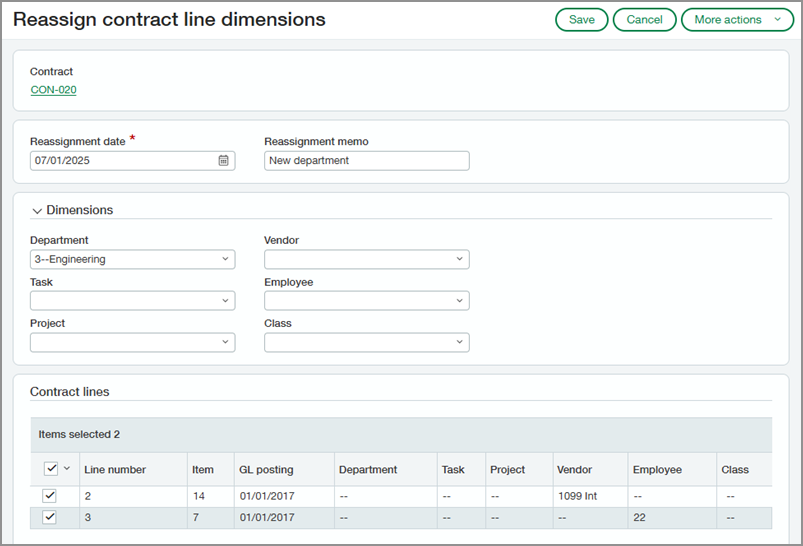 Page for reassigning contract line dimensions.