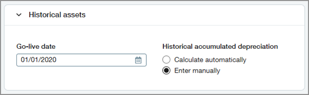Historical accumulated depreciation setting with options Calculation autoomatically and Enter manually.