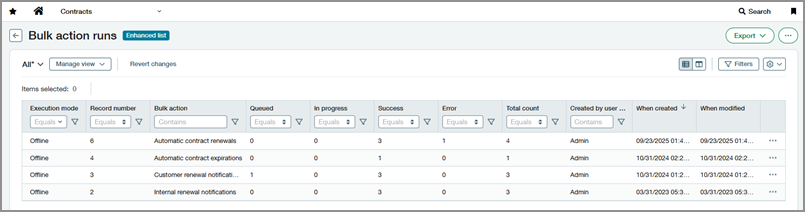 Bulk action runs list in Contracts