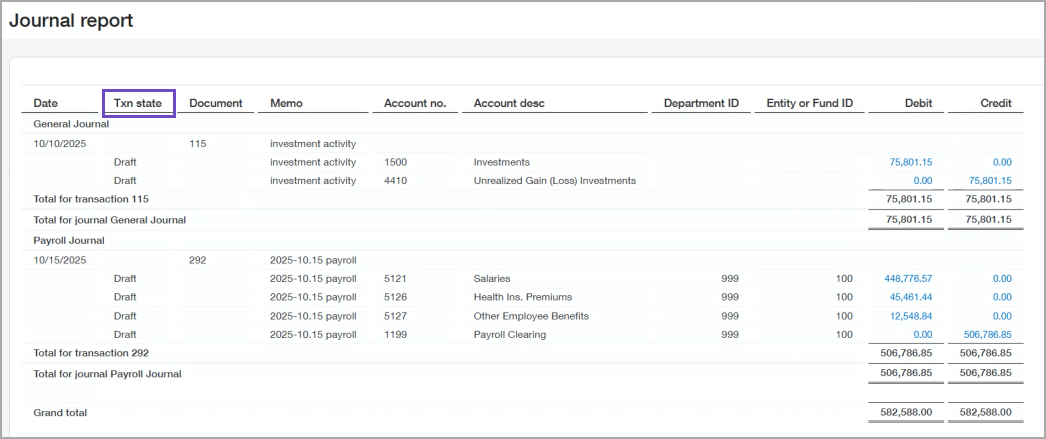 The Journal report with the new Transaction state column highlighted. 