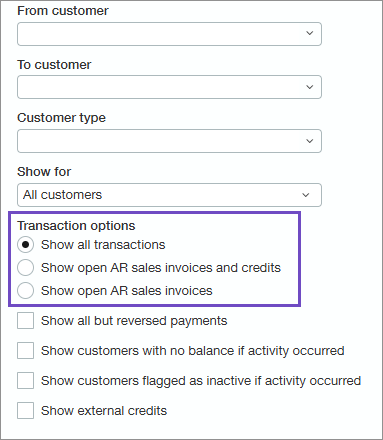 Transaction options for customer statements