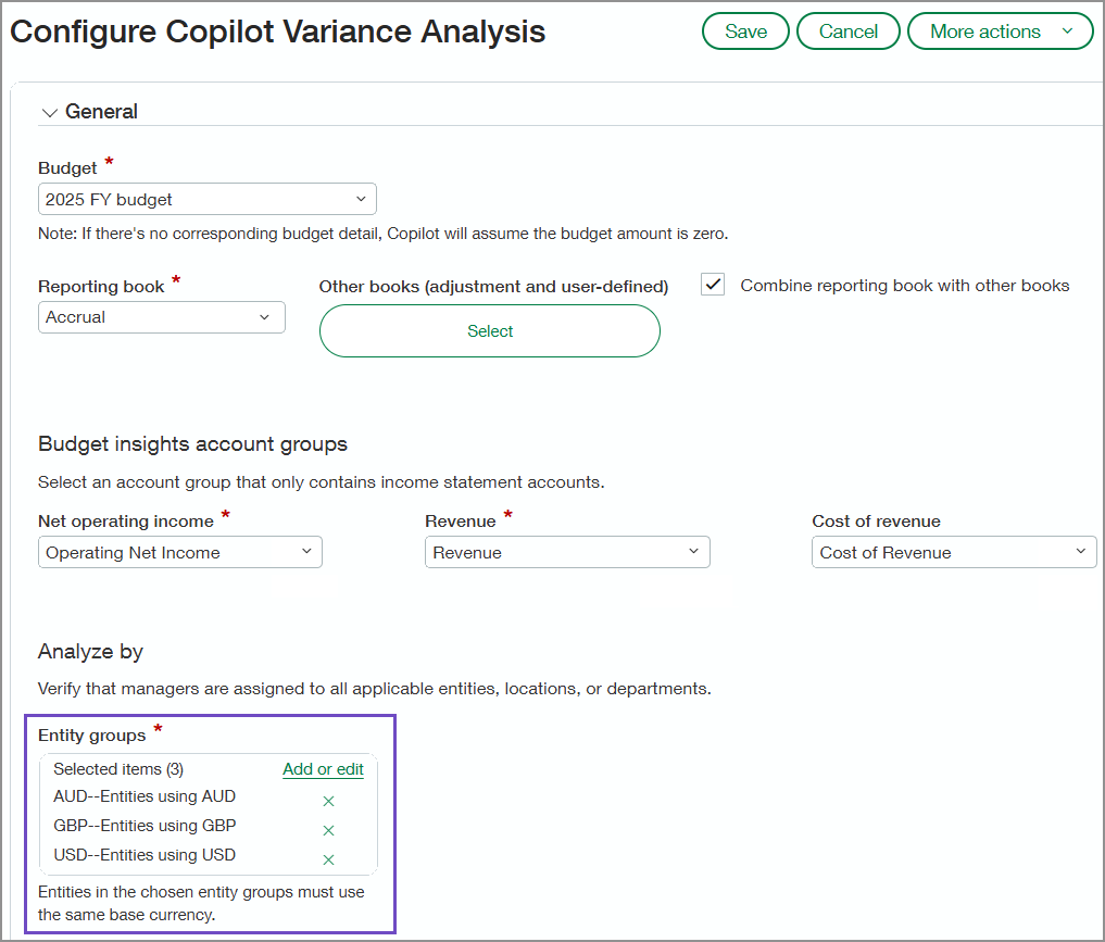 Configure Variance Analysis page with Entity groups section circled. 