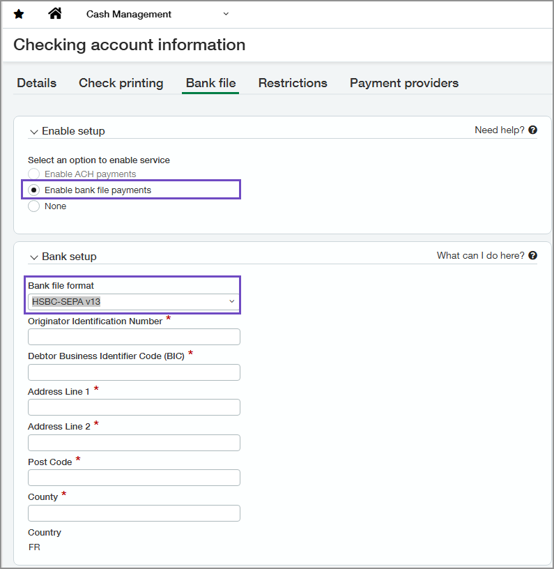 Bank file tab of an account, with HSBC-SEPA v13 selected
