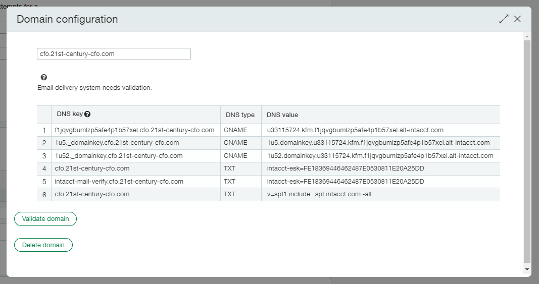 A table that displays examples of the 6 DNS keys needed to configure DKIM.
