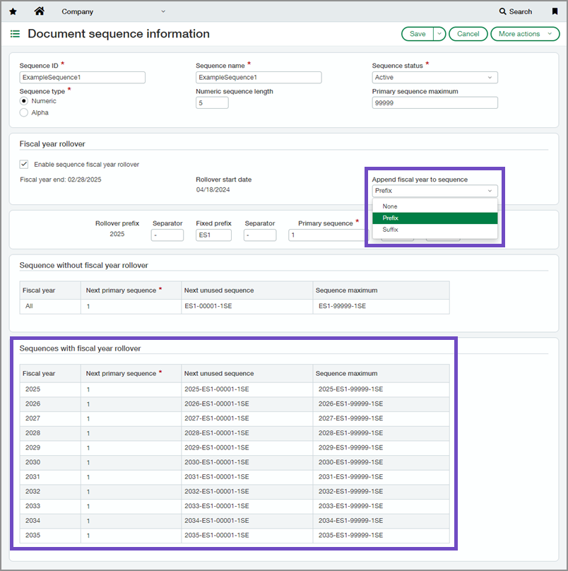 The Append fiscal year to sequence dropdown and Sequences with fiscal year rollover table highlighted on the Domain sequences page.