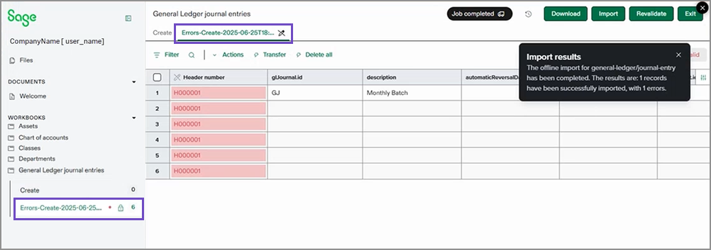 Errors sheet in the offline process.