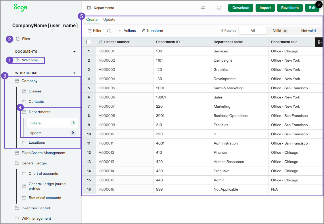 The different areas of the import service workspace.