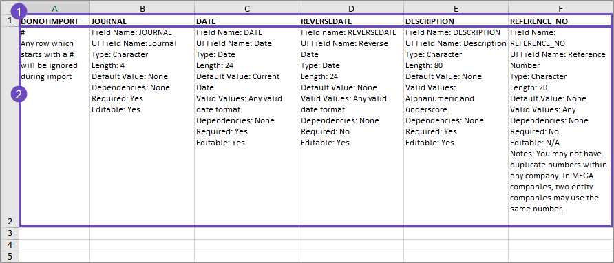 Examples of the header row and header desciption row in a CSV import template.