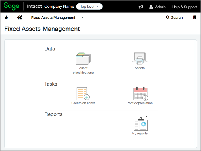 Landing page for Fixed Assets Management application