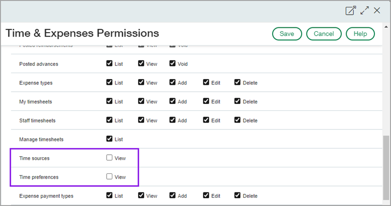 Time sources and Time preferences permissions displayed in the Time & Expenses application.