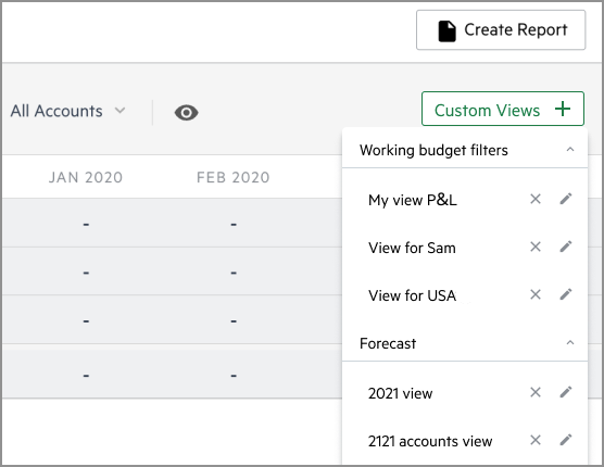 The Custom Views menu showing a list of views. 