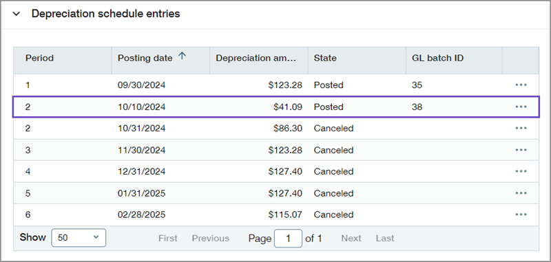 Depreciation schedule entries list with two entries for October