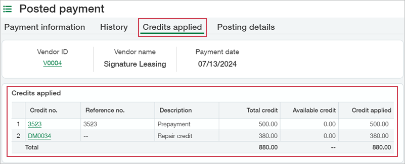 The Credits applied tab in the payment detail lists the applied credits and provides a link to the credit.