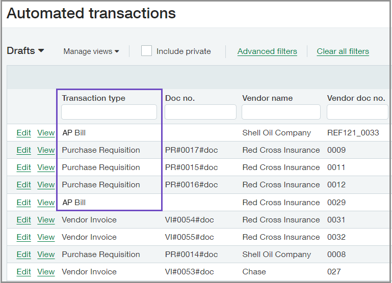 List of automated transactions that includes both AP bills and Purchasing transactions.