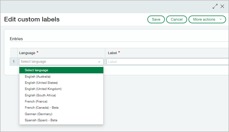 Custom label dialog box with the dropdown menu displaying the eight language options available.