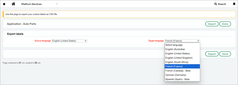 The export labels page of an auto parts application with English selected as source language and French as the target language.