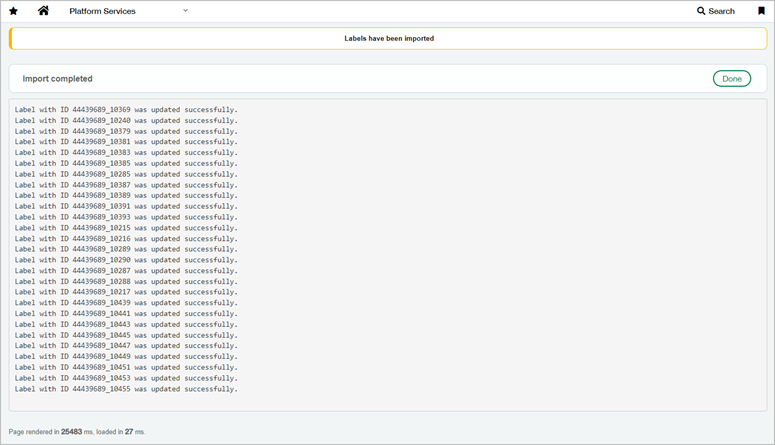 The confirmation page of a successful label import for an auto parts application.