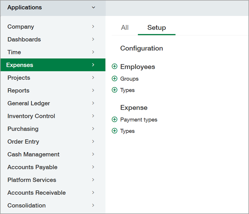 Expenses application menu on the Setup tab.