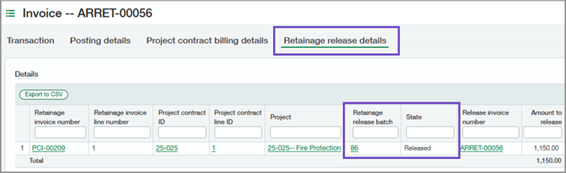 Invoice details page showing Retainage release details tab