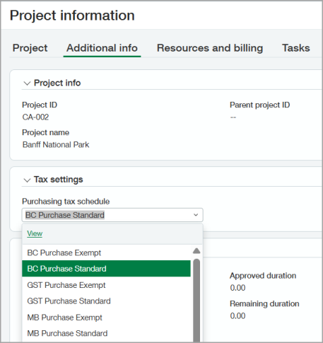 The Tax settings section of the Additional info tab with a Purchasing tax schedule selected in the dropdown menu.