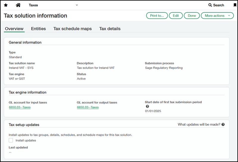 Screenshot of the Tax solution information page for Ireland VAT - SYS