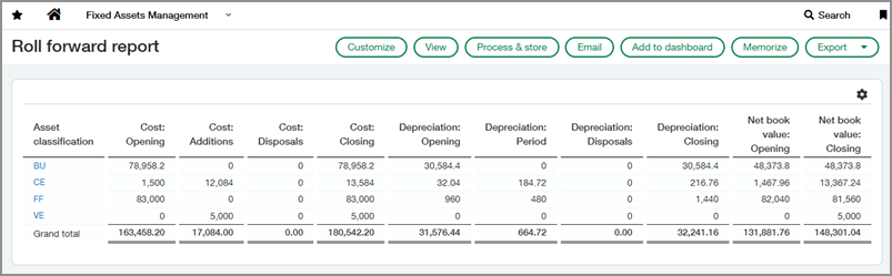Roll forward report showing costs, depreciation, and net book values.